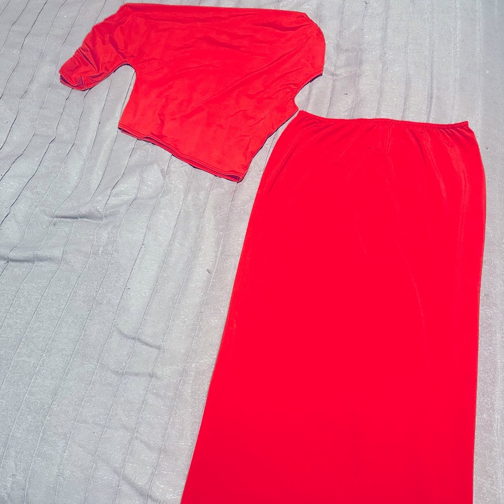 Shape Red Slinky Ruched Side Long Top and Low Rise Maxi Skirt Set
